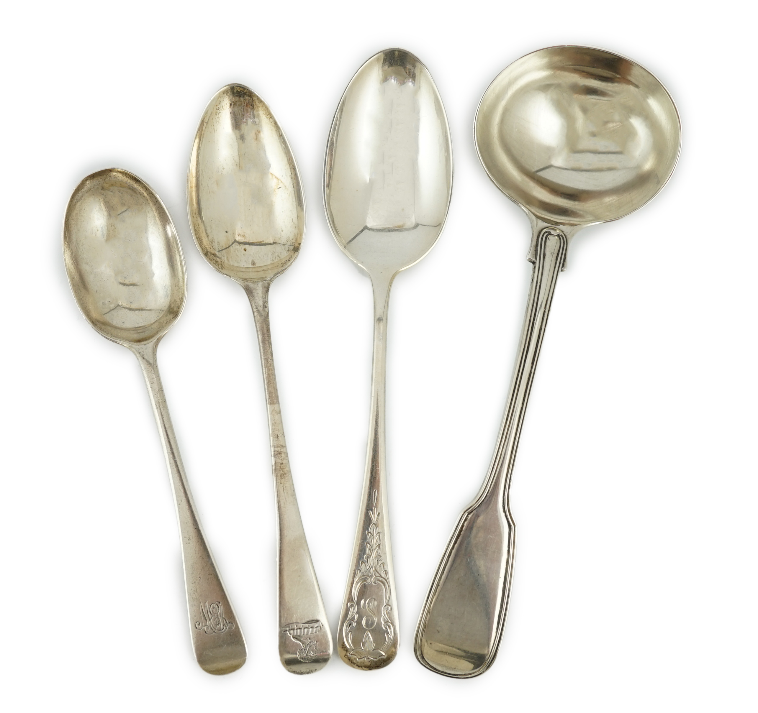 A small collection of assorted mainly 19th century silver dessert spoons, various dates, makers and patterns and two pairs of sauce ladles, London, 1824 and London, 1830